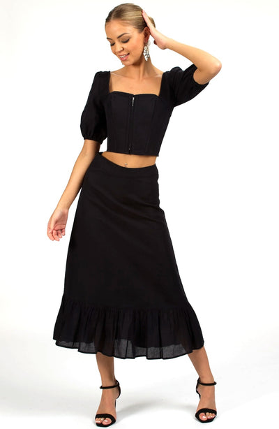 Black Linen Prairie Skirt