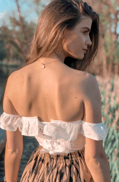 WHITE COTTON OFF-SHOULDER CORSET BACK